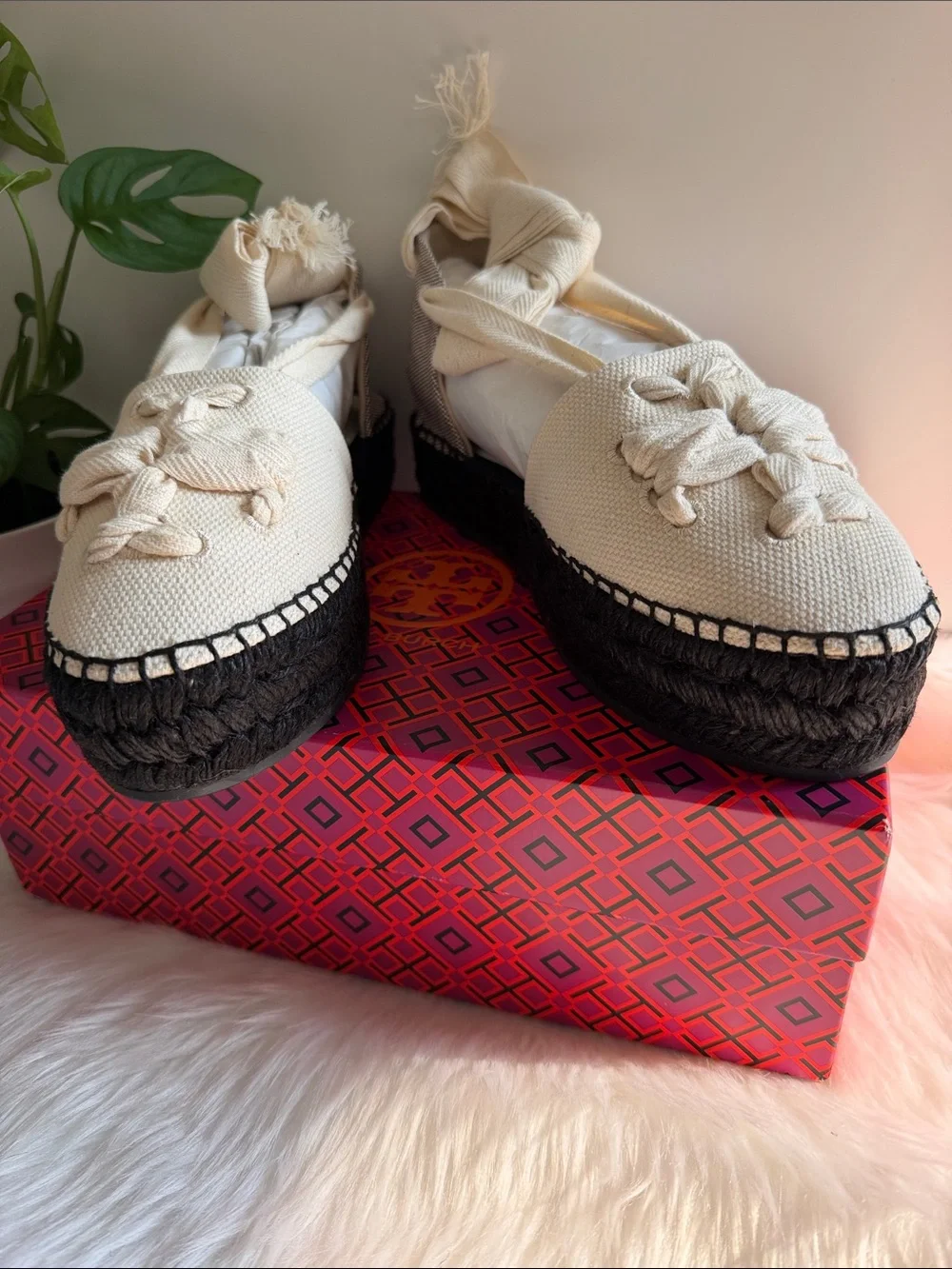Tory Burch Black/Natural Ankle Wrap Woven Double T Espadrille